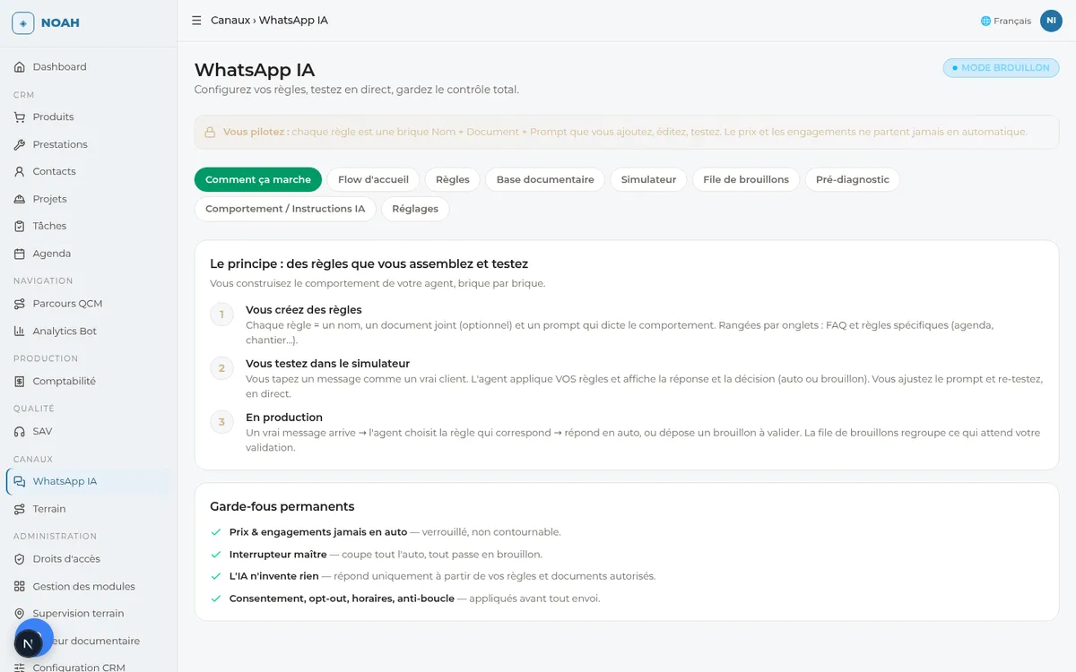 The WhatsApp agent and its guardrails: nothing goes out unapproved.