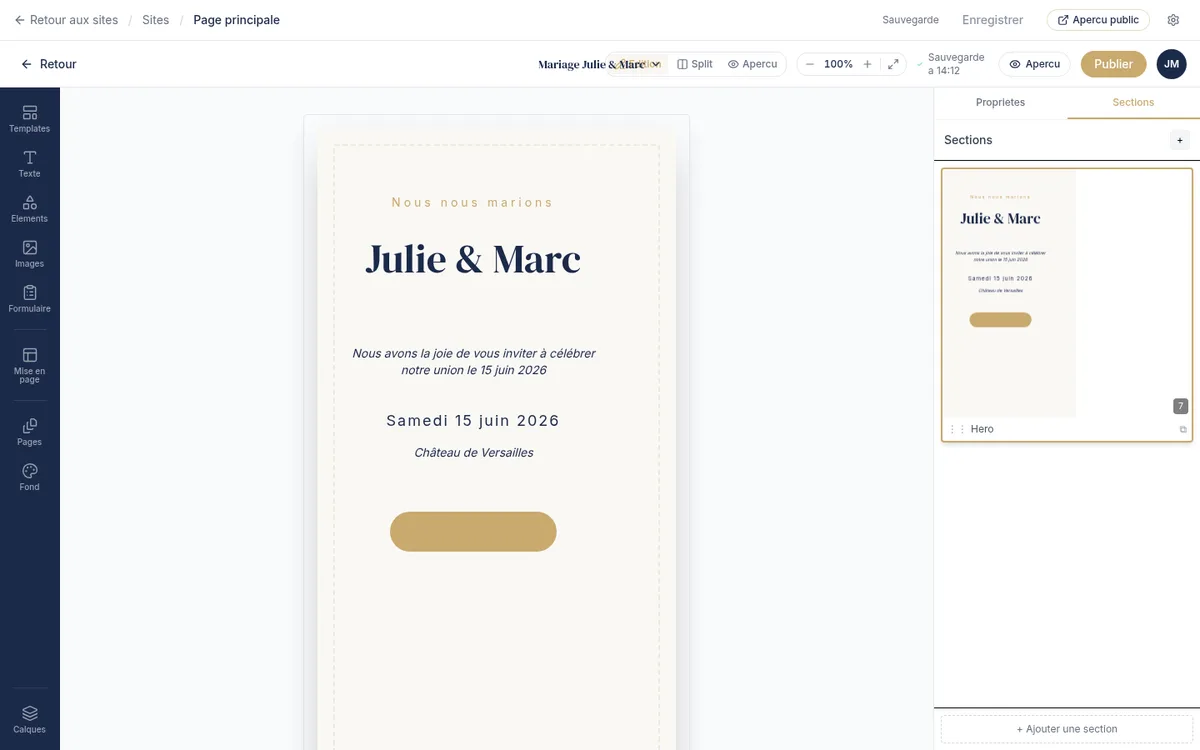 The invitation site's visual editor.